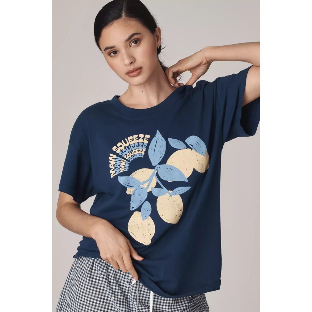 Anthropologie Girl Dangerous Graphic Tee Main Squeeze S Navy Blue Lemons
